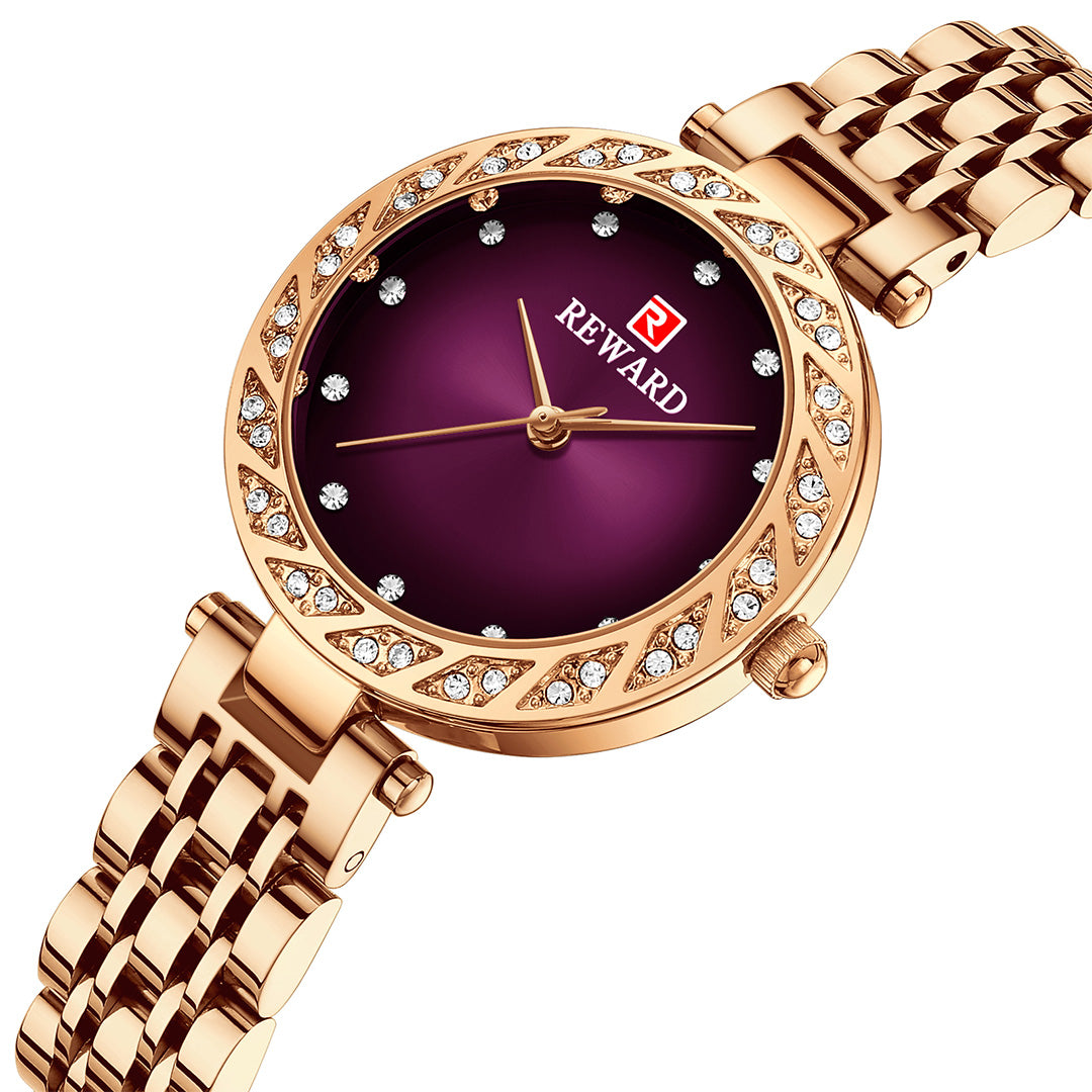 Reward-Montre Femme Quartz Élégante avec Diamants & Bracelet Acier Inoxydable