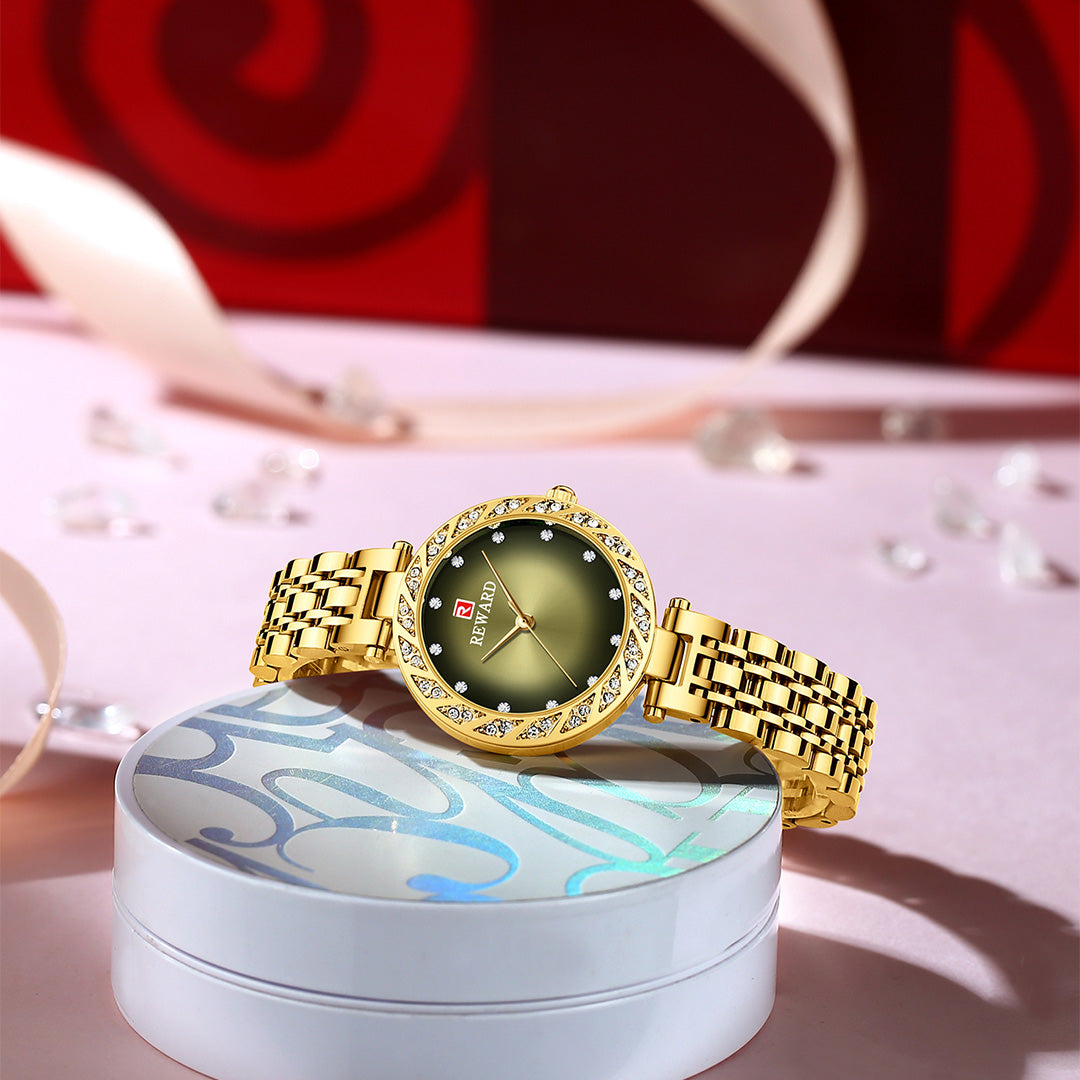 Reward-Montre Femme Quartz Élégante avec Diamants & Bracelet Acier Inoxydable