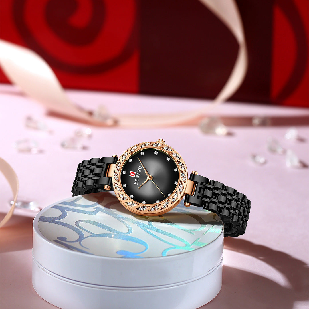 Reward-Montre Femme Quartz Élégante avec Diamants & Bracelet Acier Inoxydable