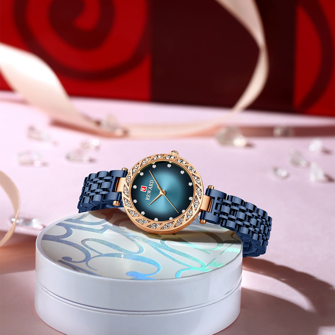 Reward-Montre Femme Quartz Élégante avec Diamants & Bracelet Acier Inoxydable