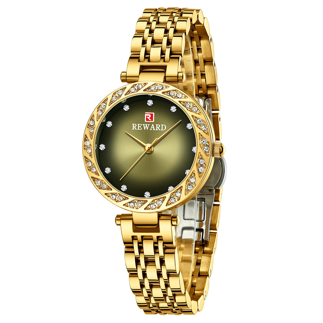 Reward-Montre Femme Quartz Élégante avec Diamants & Bracelet Acier Inoxydable