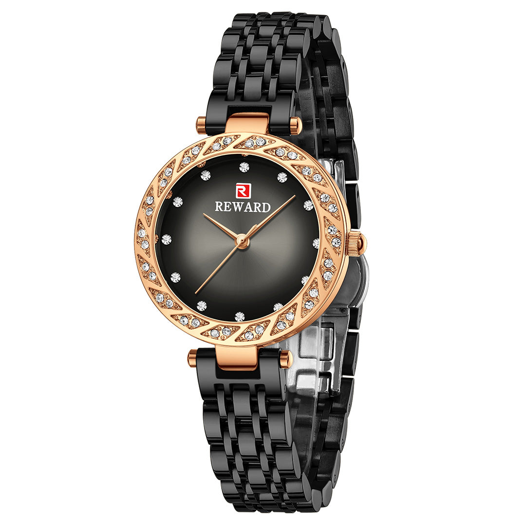 Reward-Montre Femme Quartz Élégante avec Diamants & Bracelet Acier Inoxydable
