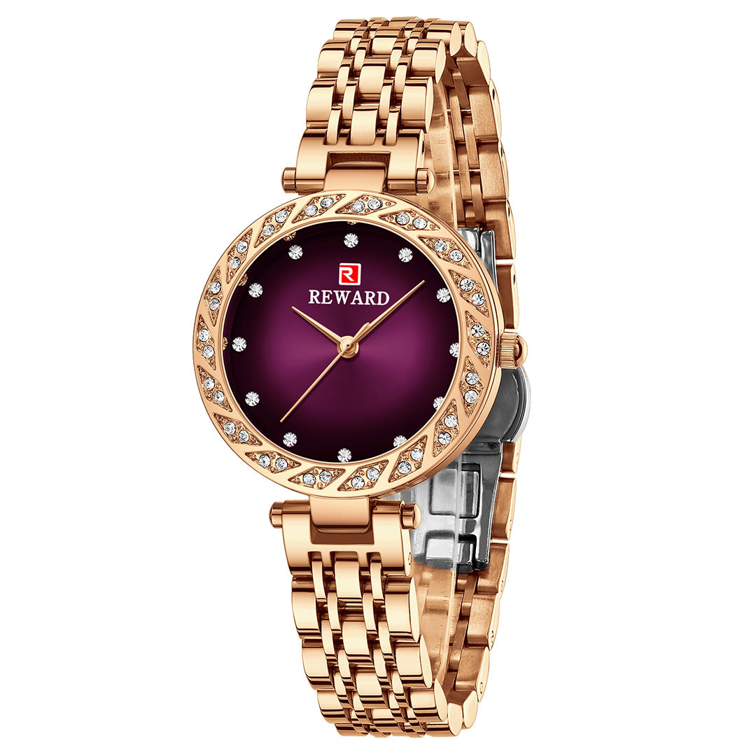 Reward-Montre Femme Quartz Élégante avec Diamants & Bracelet Acier Inoxydable