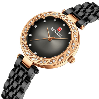 Reward-Montre Femme Quartz Élégante avec Diamants & Bracelet Acier Inoxydable