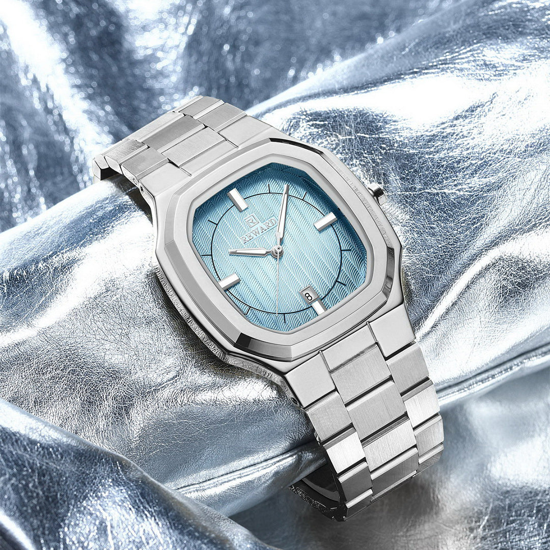 Reward-Montre Homme Ultra-Fine Carrée Quartz Luxe Acier Inoxydable avec Affichage Lumineux