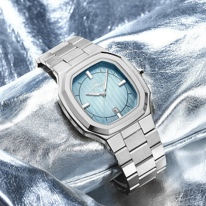 Reward-Montre Homme Ultra-Fine Carrée Quartz Luxe Acier Inoxydable avec Affichage Lumineux