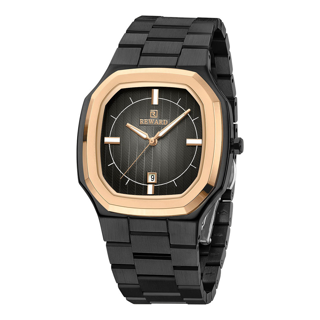 Reward-Montre Homme Ultra-Fine Carrée Quartz Luxe Acier Inoxydable avec Affichage Lumineux