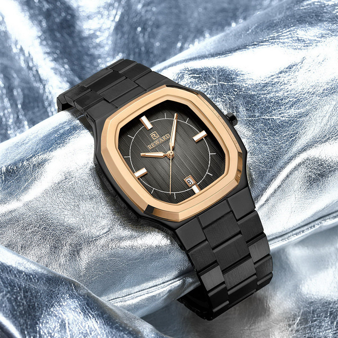Reward-Montre Homme Ultra-Fine Carrée Quartz Luxe Acier Inoxydable avec Affichage Lumineux