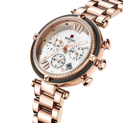 Reward-Montre Femme Chronographe de Luxe-Élégant en Acier Inoxydable
