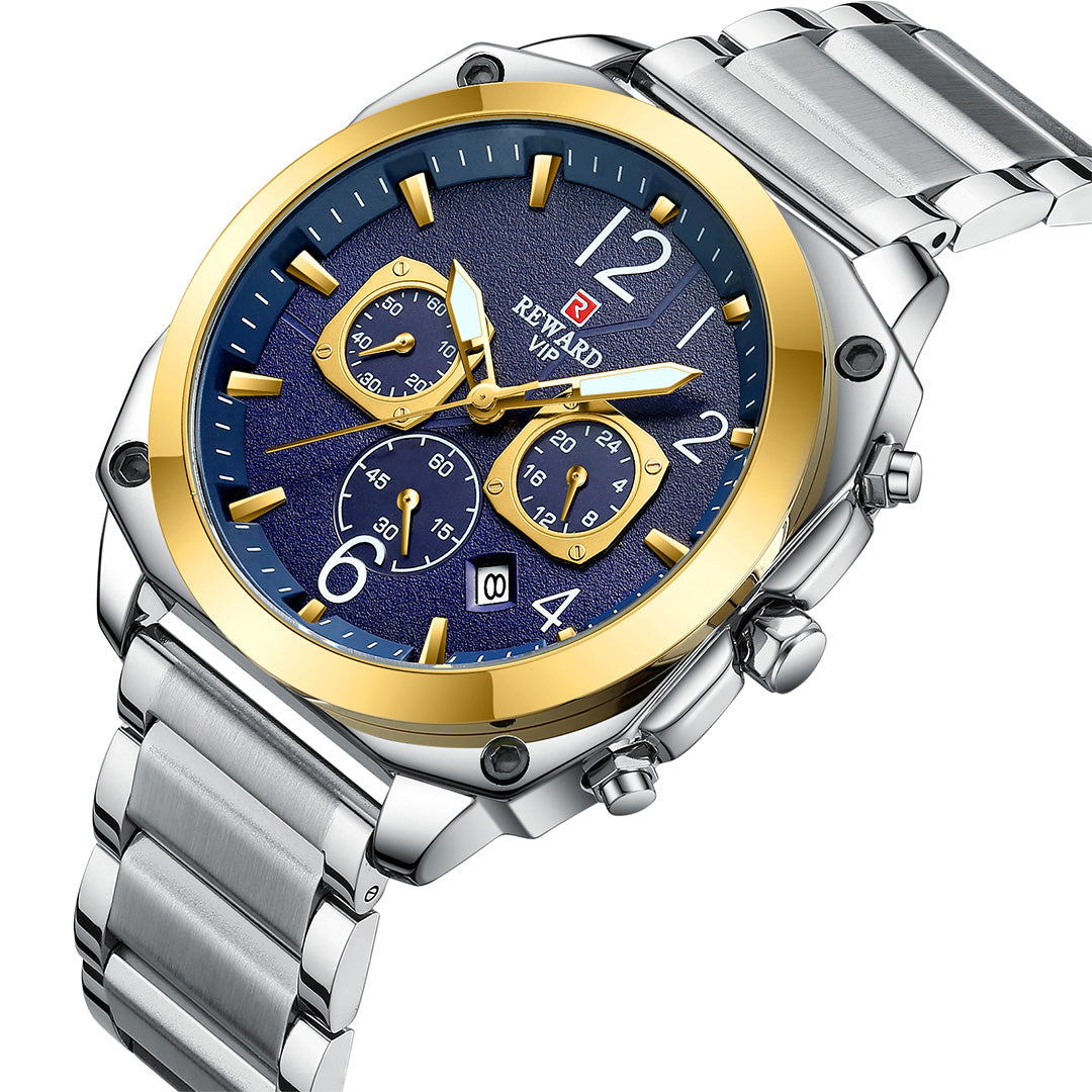 Reward-Montre Homme Chronographe de Luxe en Acier Inoxydable & Affichage Lumineux